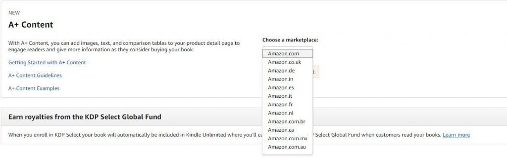 A plus choose marketplace KDP