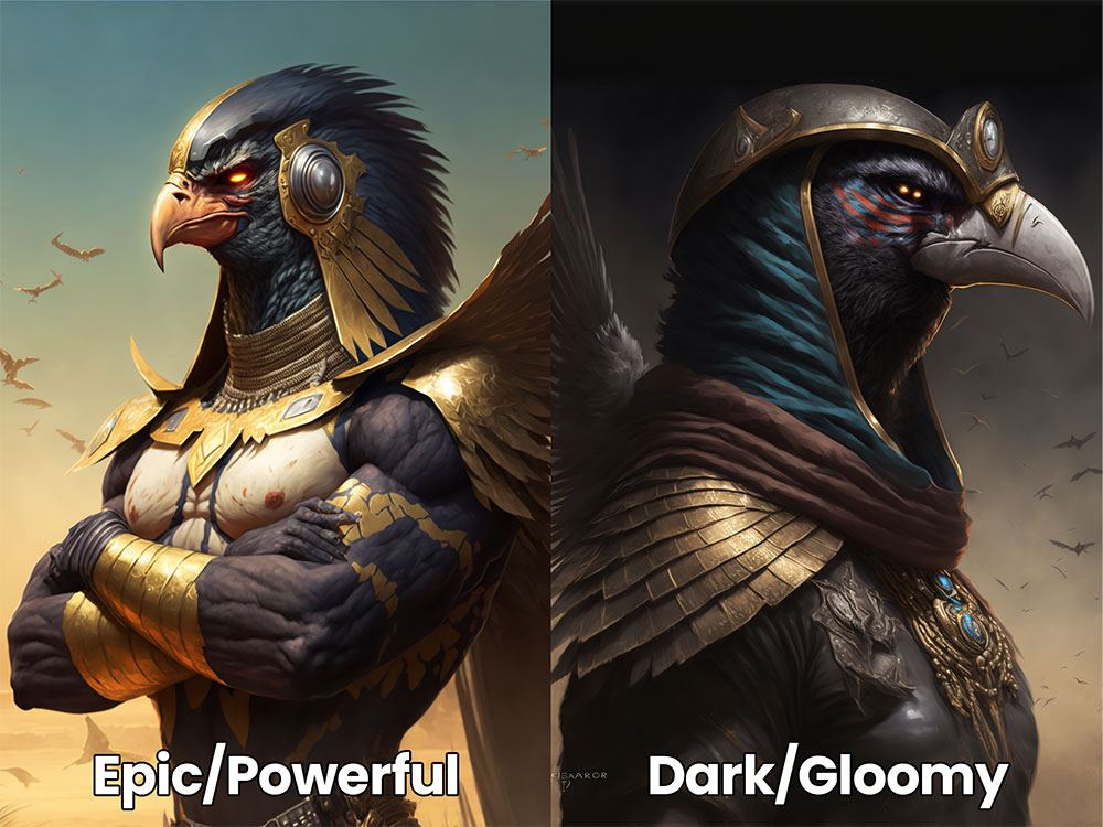 ai art comparison of epic and powerful vs dark and moody