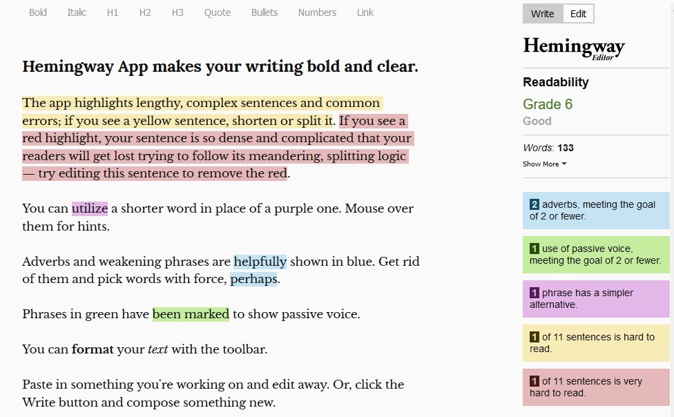 Hemingway App Screenshot of dashboard
