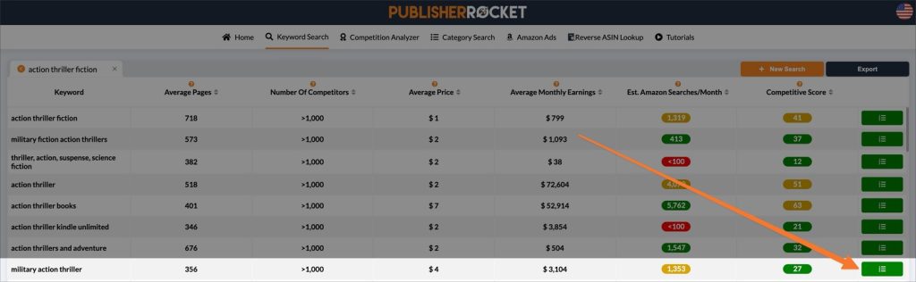 Screenshot with arrow of the button to click if you want to do a deeper analysis of a keyword in Publisher Rocket