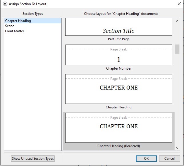 Scrivener assign section to layout