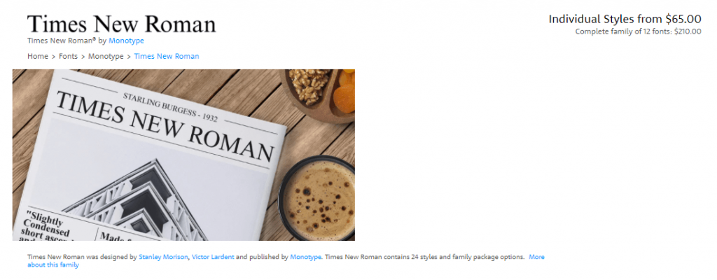 Times New Roman commercial font license on MyFonts.com
