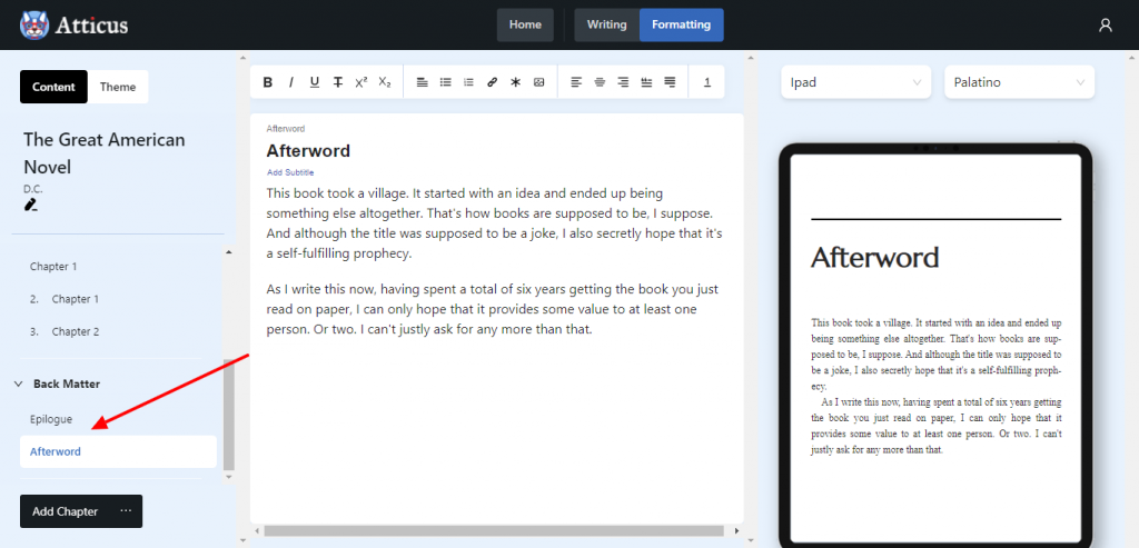 Afterword formatted in Atticus