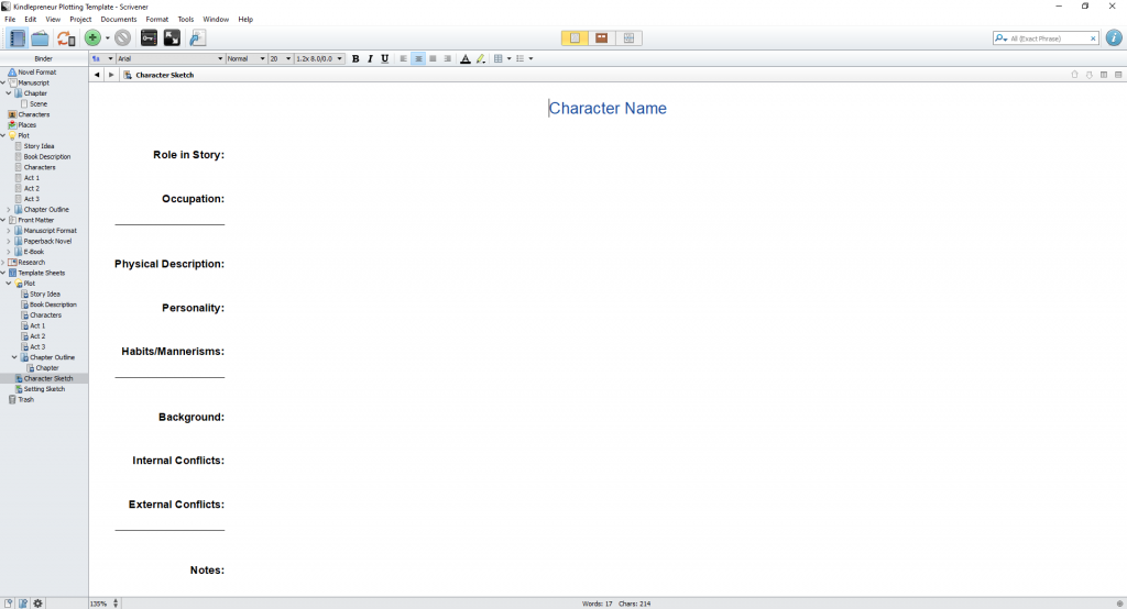 creating characters in scrivener