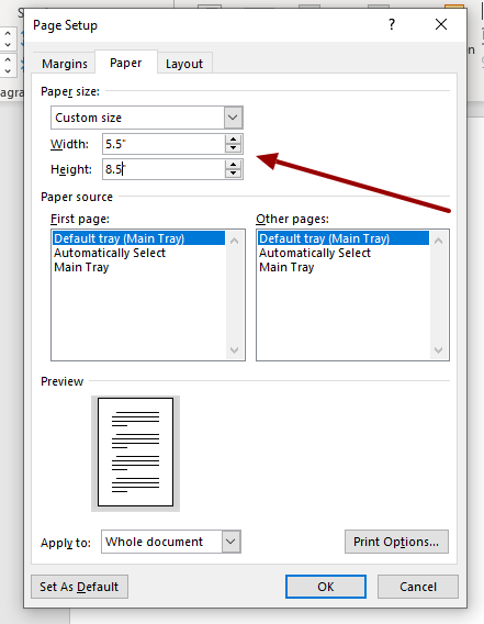 Custom page sizes in Microsoft Word