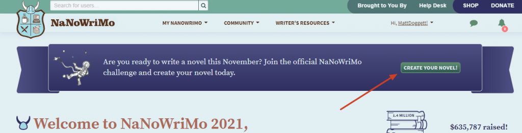 dashboard for NaNoWriMo