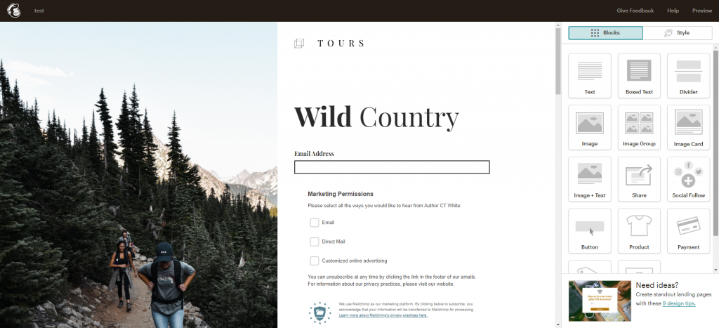 mailchimp landing page edit your design