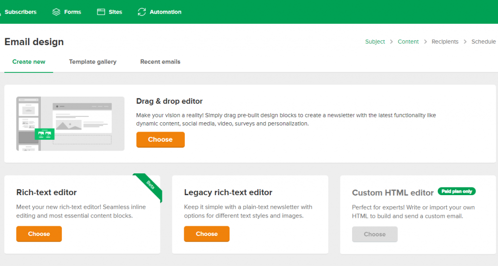 mailerlite email design options