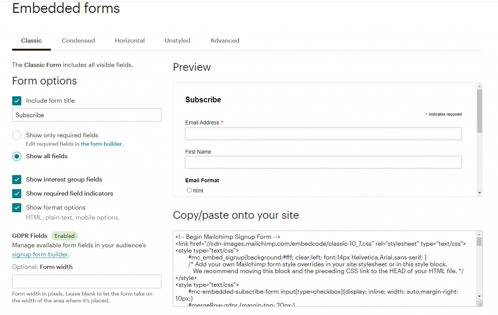 mailchimp embedded forms creation options
