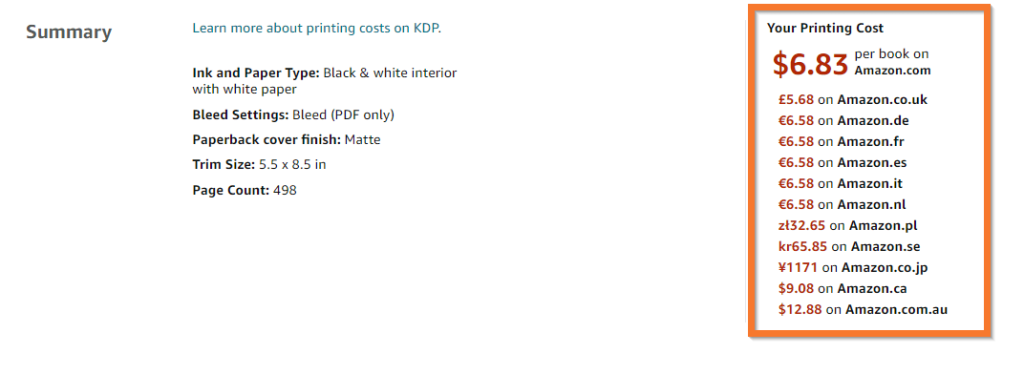 finding your print cost in amazon kdp