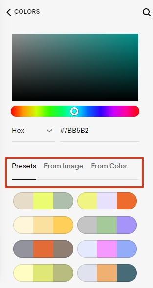 color presets in Squarespace