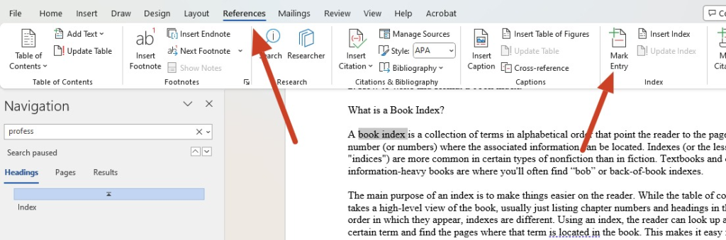 Finding the place to add an index in Word