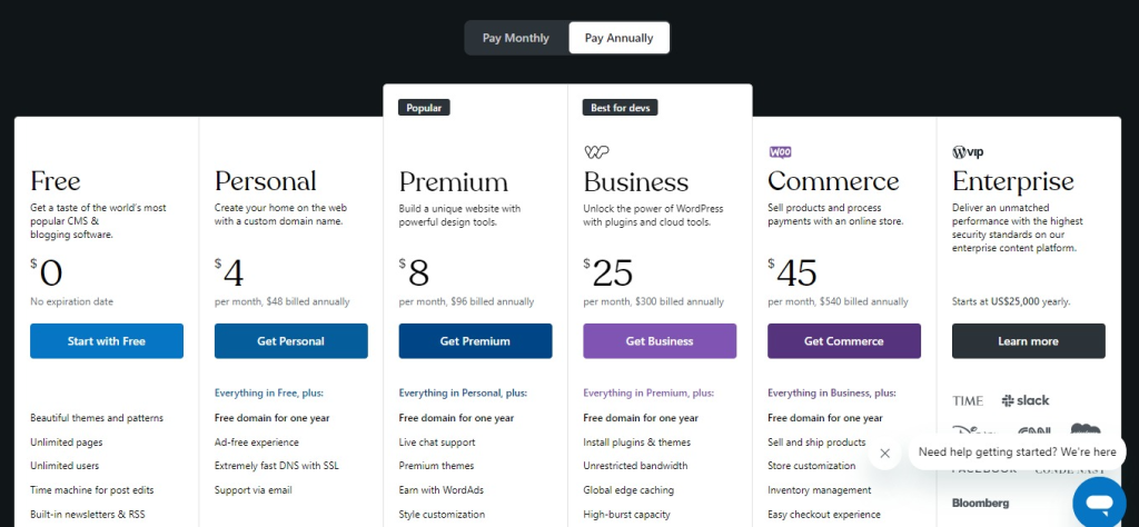 Wordpress.com Pricing