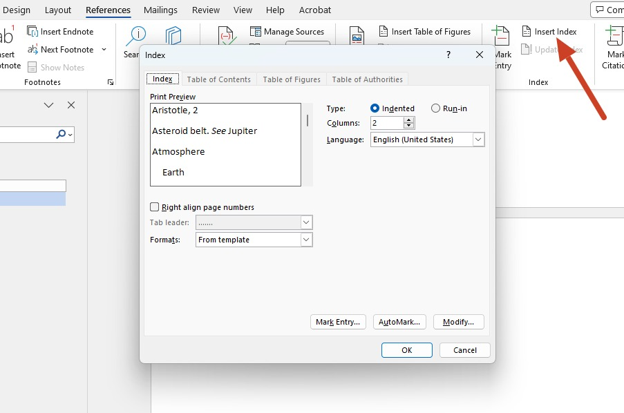 Inserting an index in Word