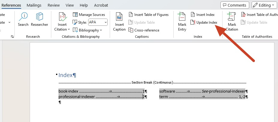 Updating an index in Word