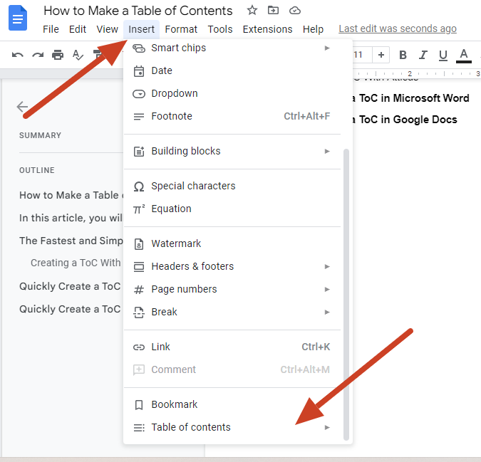 Insert Table of Contents Google Docs