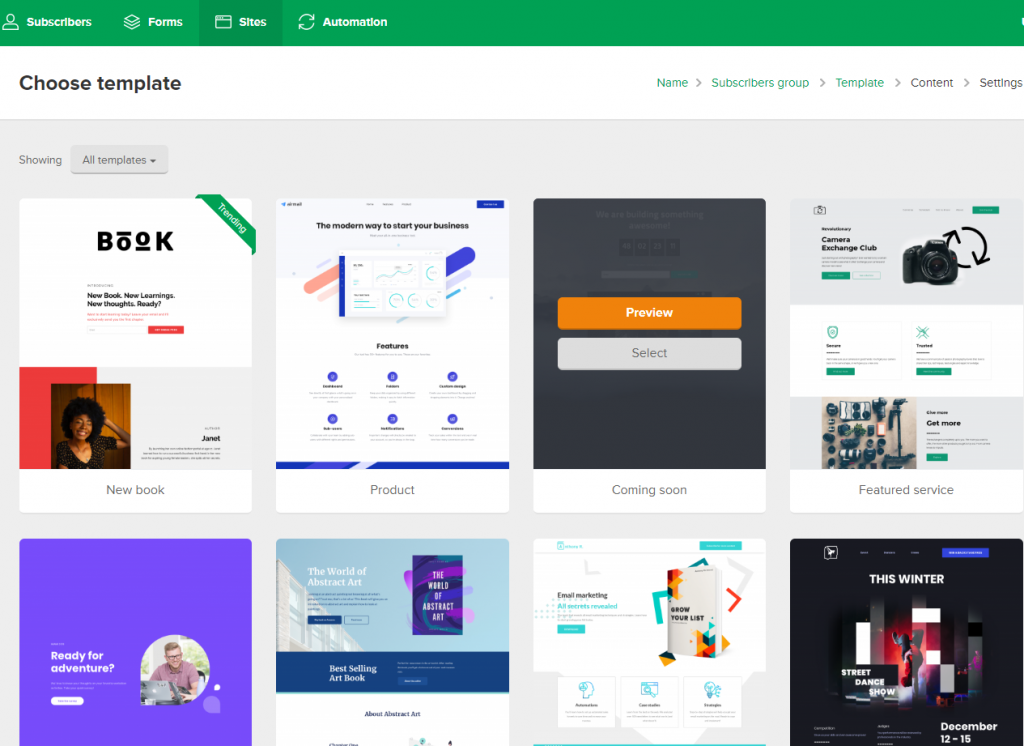 mailerlite landing pages and websites templates