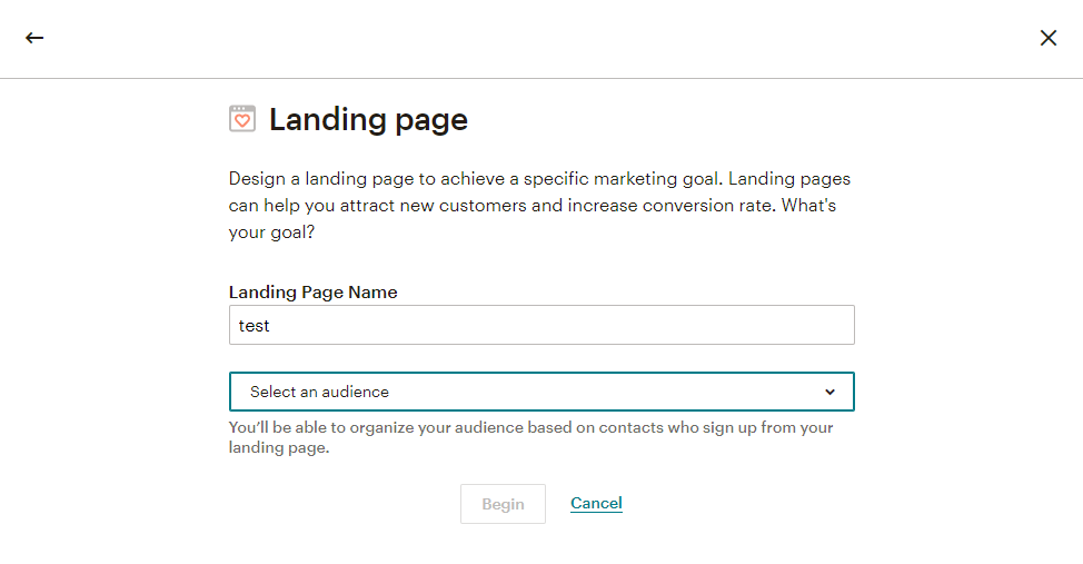 mailchimp landing page options