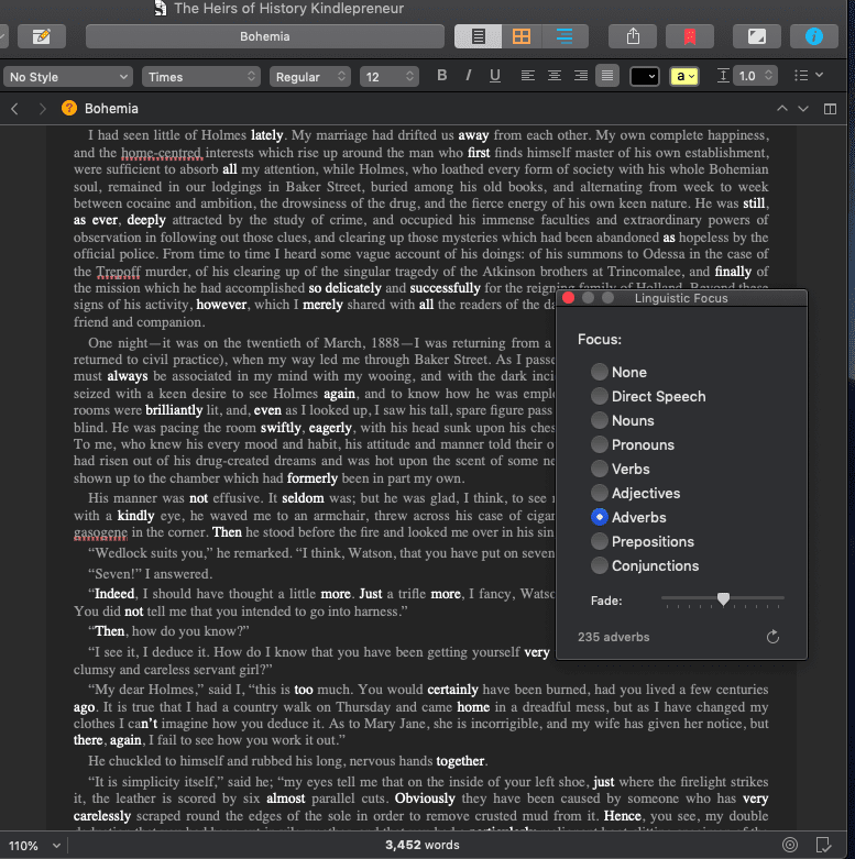 Scrivener linguistic focus