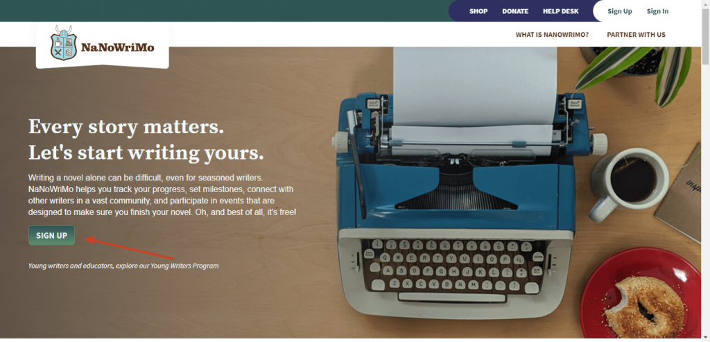 sign up page for NaNoWriMo