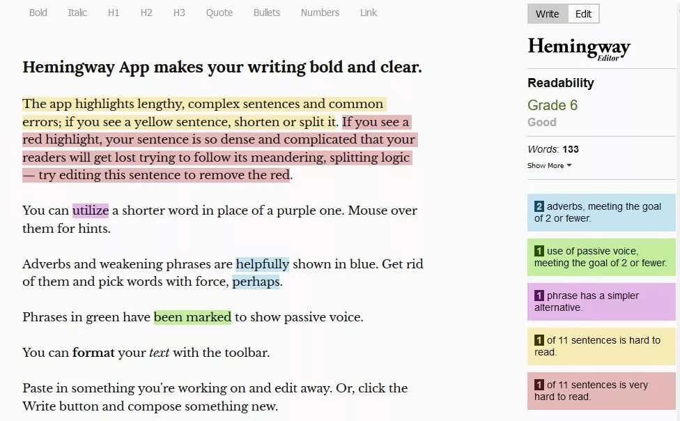 hemingway editor screenshot