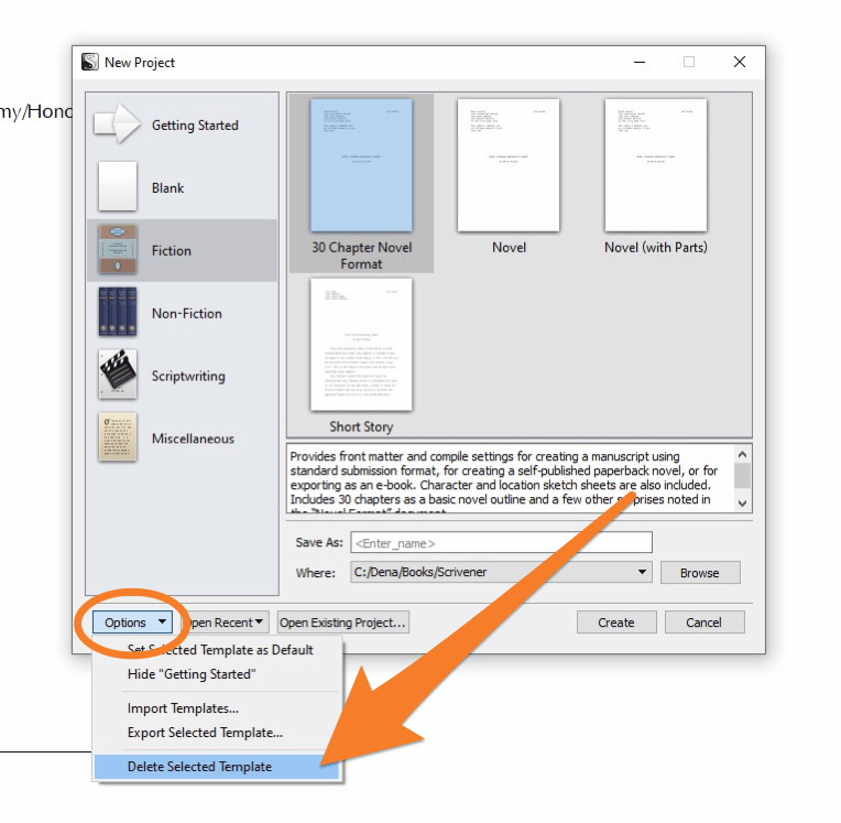 Where to delete a template in Scrivener.
