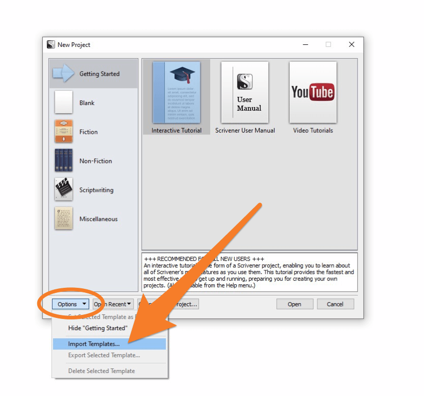 Scrivener screenshot showing where to import templates