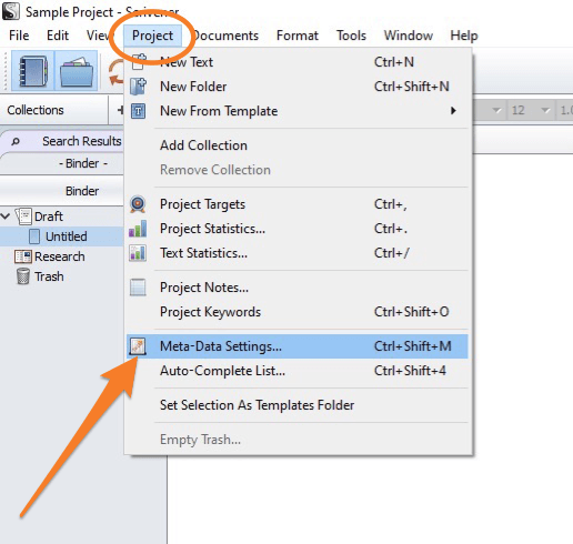screenshot pointing out the location of the Meta-data settings in Scrivener