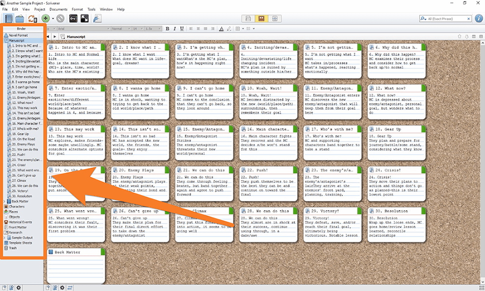 Example of what a project from a Scrivener template looks like. 