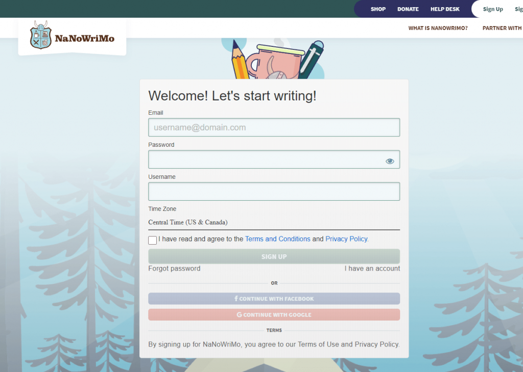 sign up form for NaNoWriMo