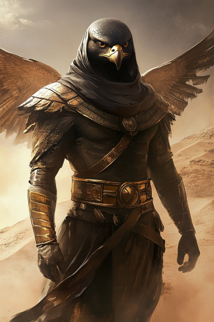 Midjourney image of a falcon-headed Egyptian god.