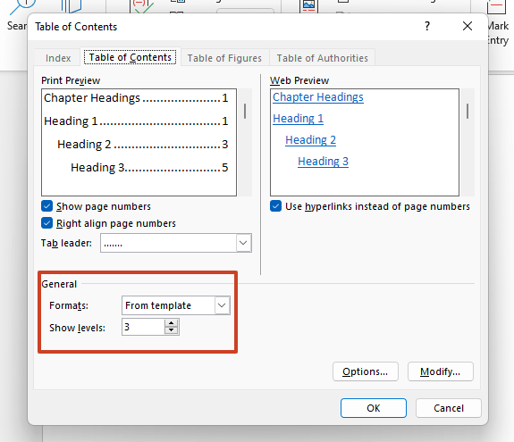 Table of Contents Dialog Box MS Word