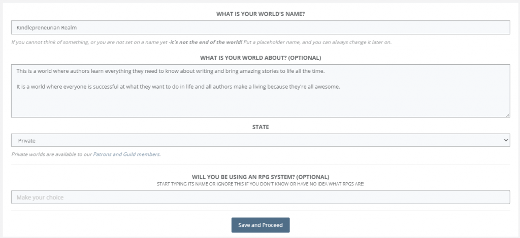 filling out the initial information for a world in world anvil